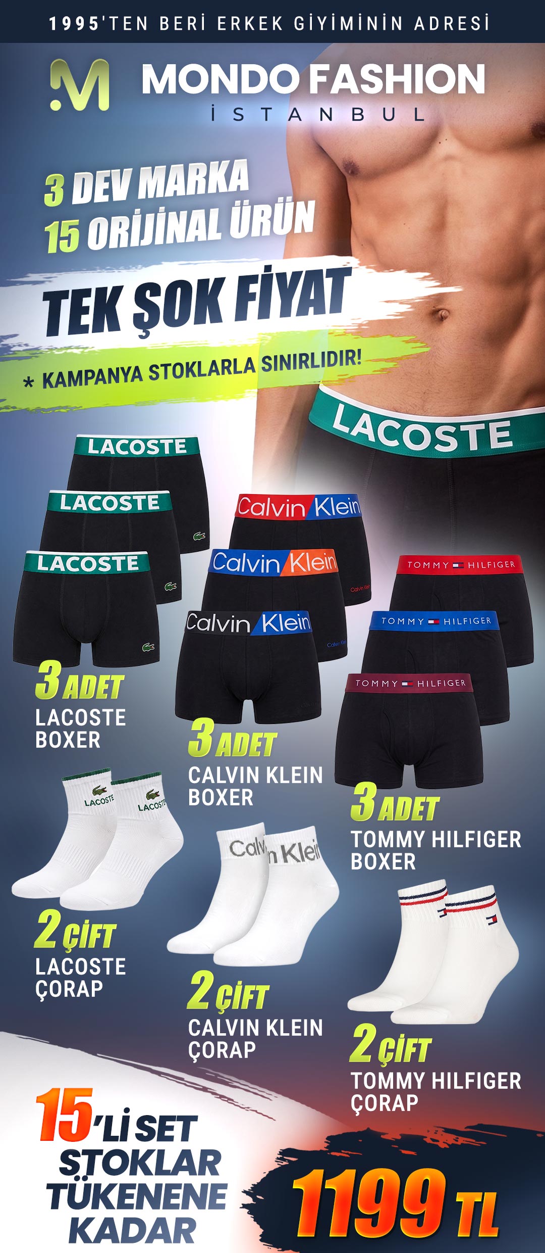 15'li orijinal boxer ve çorap seti - 1199 TL
